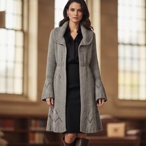 Vertical Design Gray Knit Cardigan Sweater Coat Cowl Neck and Lace Pattern Large